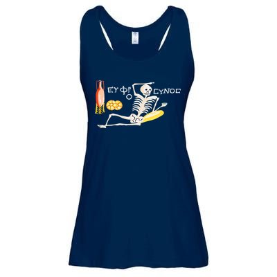Funny Greek Be Cheerful Enjoy Your Life Skeleton Ladies Essential Flowy Tank