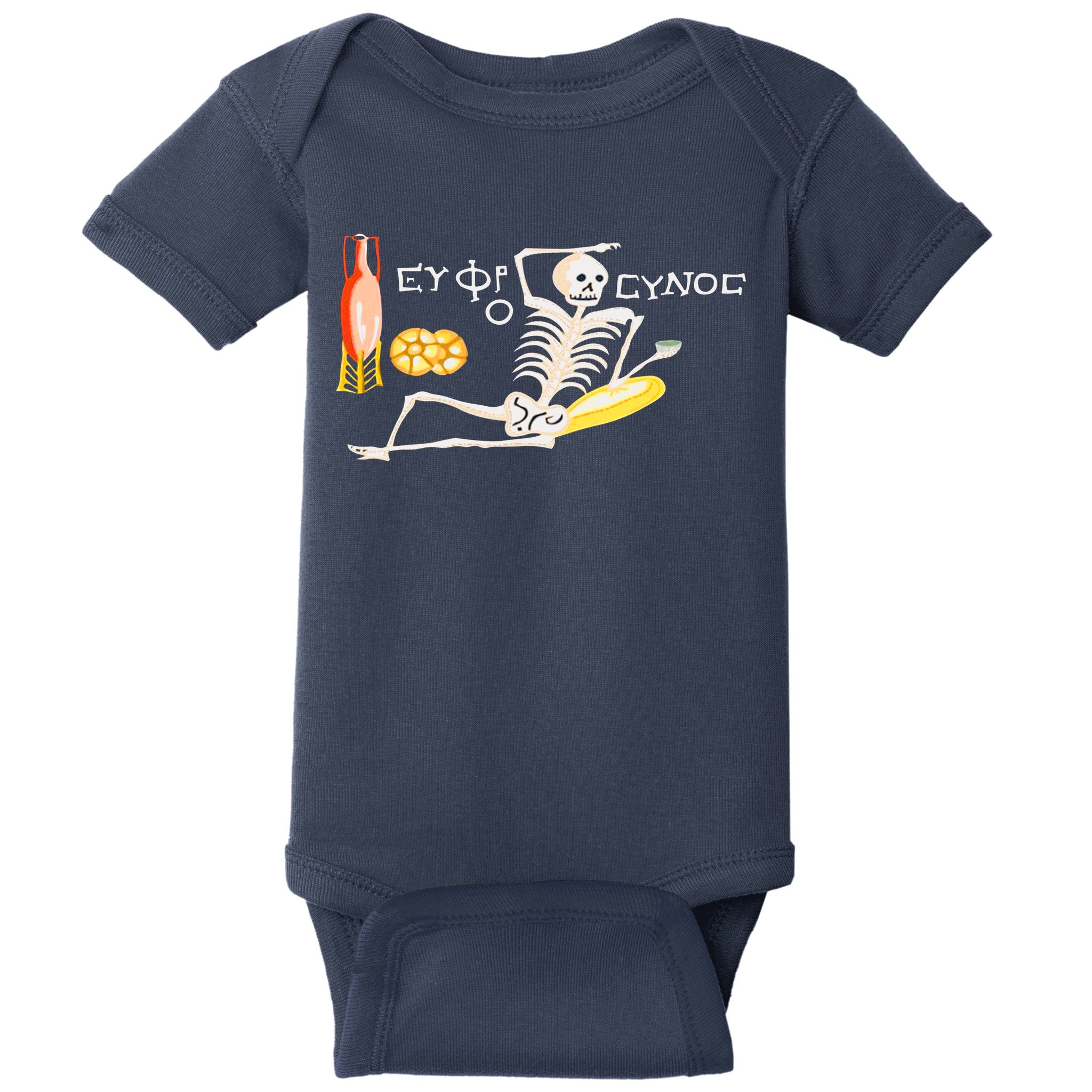 Funny Greek Be Cheerful Enjoy Your Life Skeleton Baby Bodysuit