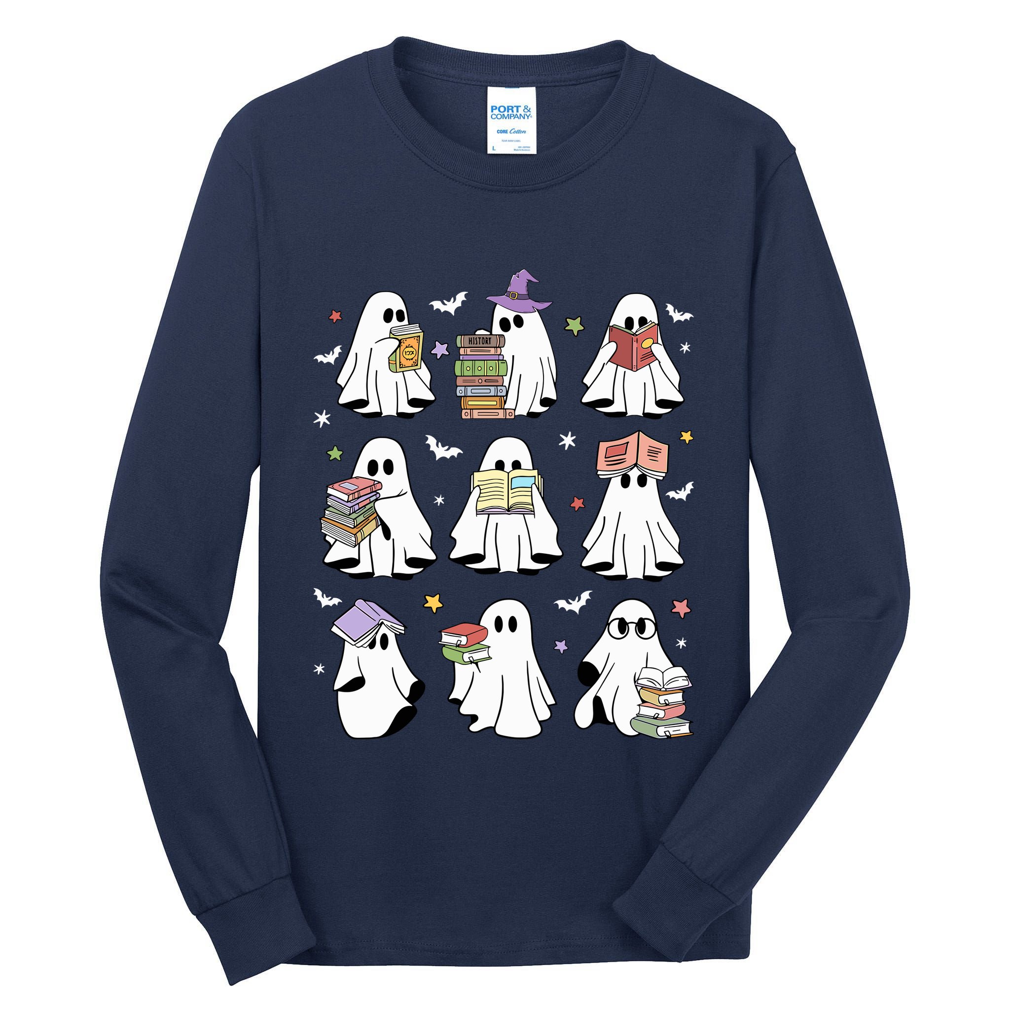 Funny Ghost Book Reading Halloween Books Lover Teacher Tall Long Sleeve T-Shirt