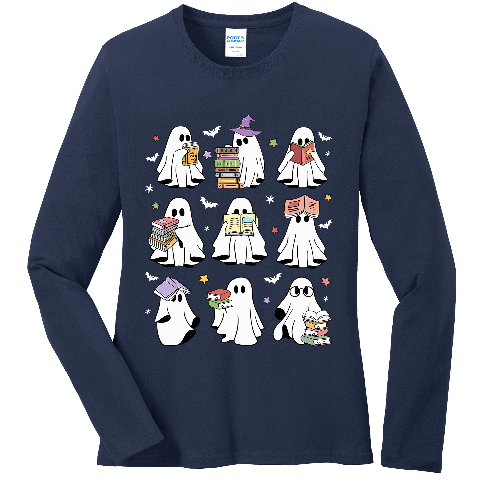 Funny Ghost Book Reading Halloween Books Lover Teacher Ladies Long Sleeve Shirt