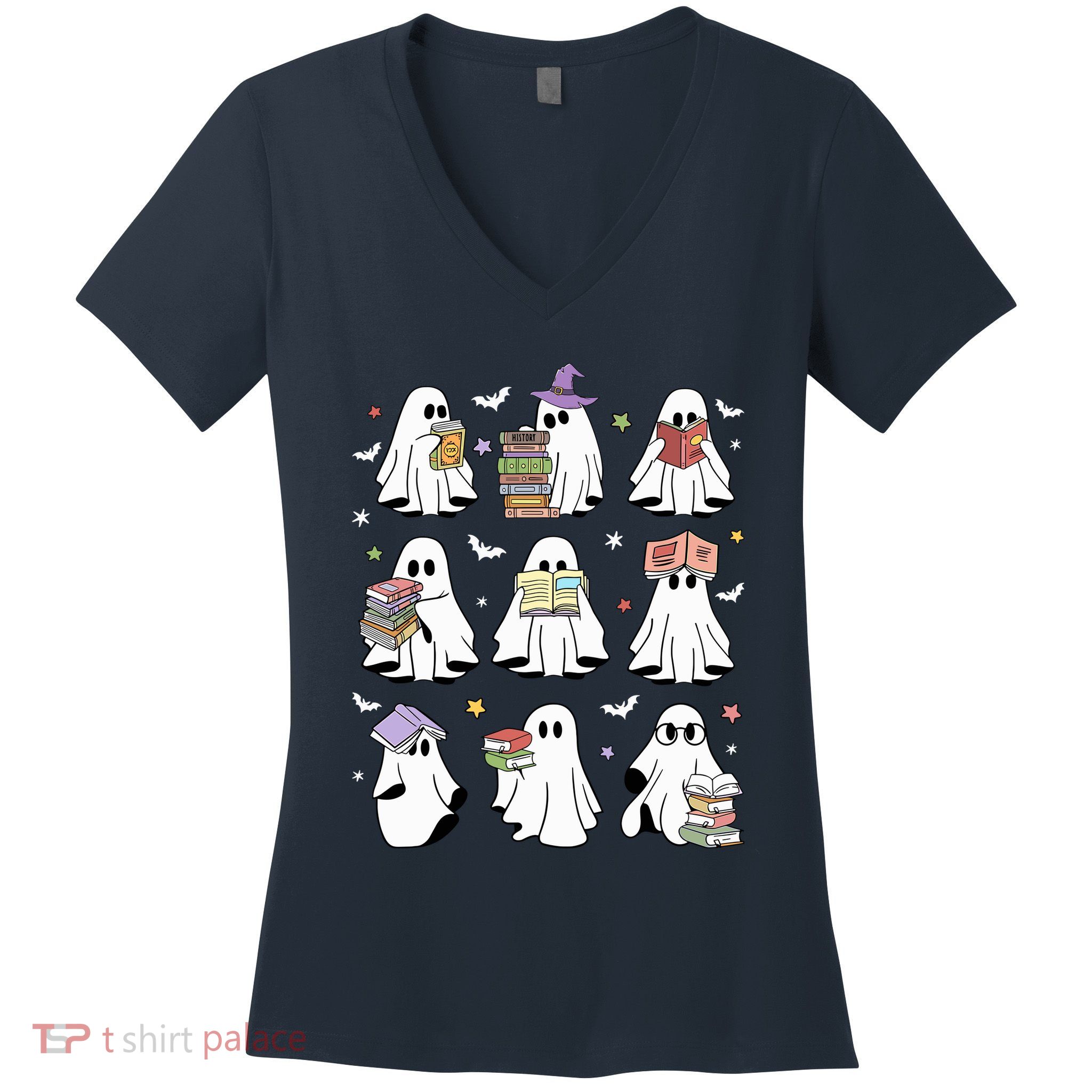 Funny Ghost Book Reading Halloween Books Lover Teacher Women's V-Neck T-Shirt