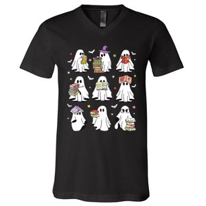 Funny Ghost Book Reading Halloween Books Lover Teacher V-Neck T-Shirt