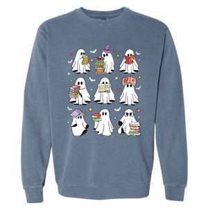 Funny Ghost Book Reading Halloween Books Lover Teacher Garment-Dyed Sweatshirt