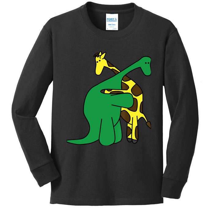 Funny Good Boy Dinosaur Hugging a Giraffe Movie Fan Gift Kids Long Sleeve Shirt