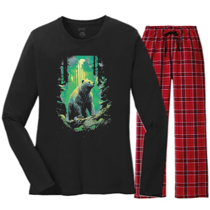 Forest Grizzly Bear Bear Mystic Women's Long Sleeve Flannel Pajama Set 