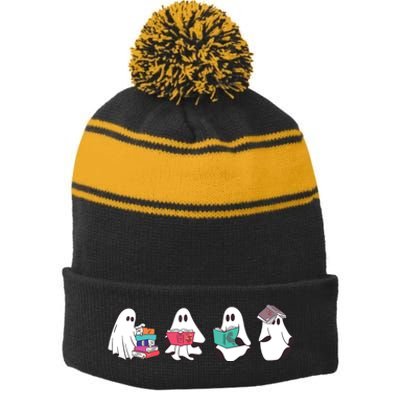 Funny Ghost Book Reading Halloween Books Lover Teacher Stripe Pom Pom Beanie