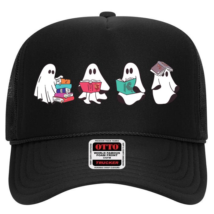 Funny Ghost Book Reading Halloween Books Lover Teacher High Crown Mesh Back Trucker Hat