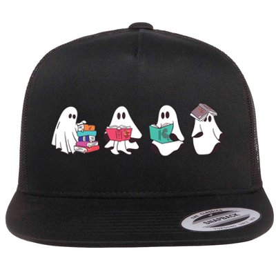 Funny Ghost Book Reading Halloween Books Lover Teacher Flat Bill Trucker Hat