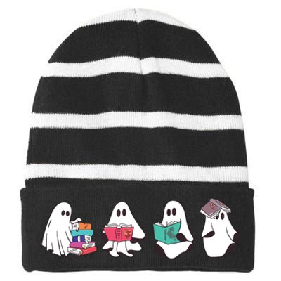 Funny Ghost Book Reading Halloween Books Lover Teacher Striped Beanie with Solid Band