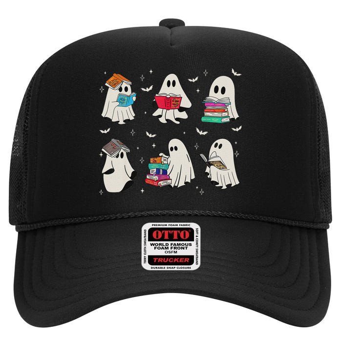 Funny Ghost Book Reading Halloween Books Lover Teacher High Crown Mesh Back Trucker Hat