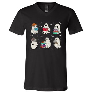 Funny Ghost Book Reading Halloween Books Lover Teacher V-Neck T-Shirt