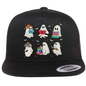 Funny Ghost Book Reading Halloween Books Lover Teacher Flat Bill Trucker Hat