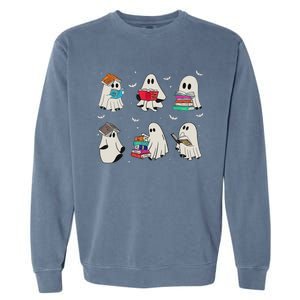 Funny Ghost Book Reading Halloween Books Lover Teacher Garment-Dyed Sweatshirt