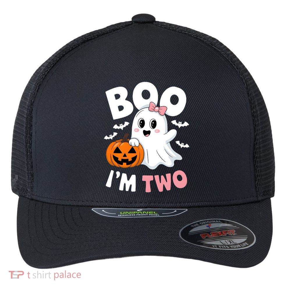 Funny Ghost Boo Im Two Years 2nd Birthday Halloween Flexfit Unipanel Trucker Cap
