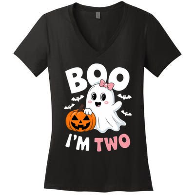Funny Ghost Boo Im Two Years 2nd Birthday Halloween Women's V-Neck T-Shirt