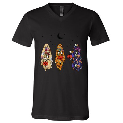 Funny Groovy Boo Ghost Halloween Autumn Fall Boo Boo Squad V-Neck T-Shirt