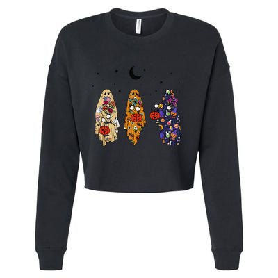 Funny Groovy Boo Ghost Halloween Autumn Fall Boo Boo Squad Cropped Pullover Crew