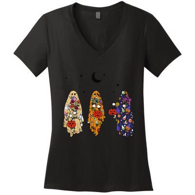 Funny Groovy Boo Ghost Halloween Autumn Fall Boo Boo Squad Women's V-Neck T-Shirt