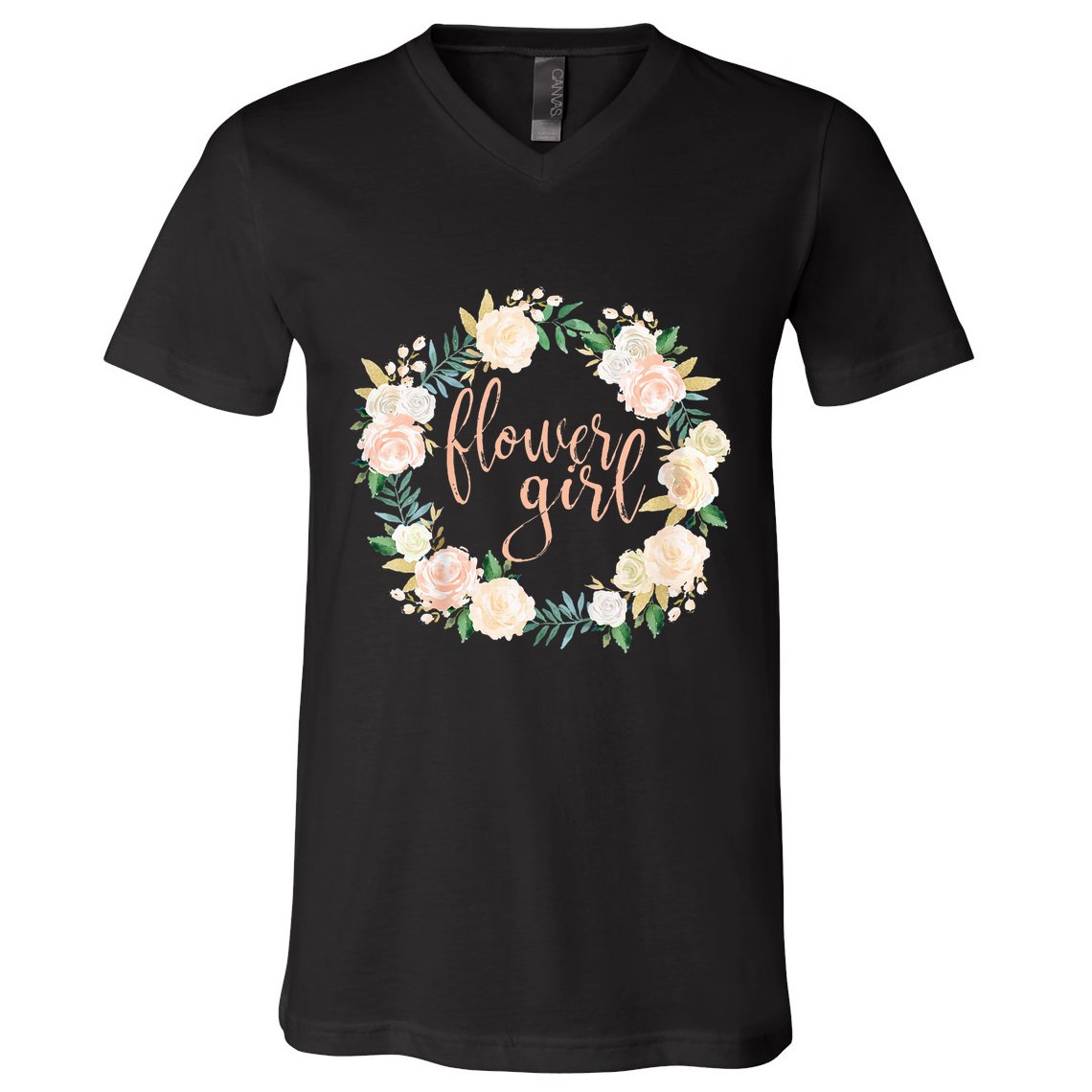 Flower Girl Blush Floral Wreath Wedding V-Neck T-Shirt