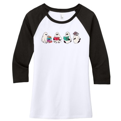 Funny Ghost Book Reading Halloween Books Lover Teacher Women's Tri-Blend 3/4-Sleeve Raglan Shirt