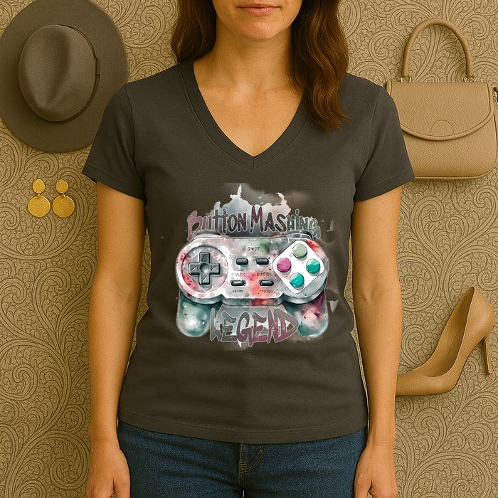 Funny Gamer Button Mashing Legend Women's V-Neck T-Shirt