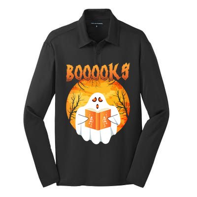 Fun Graphic Booooks Ghost Boo Read Books Halloween Gift Silk Touch Performance Long Sleeve Polo