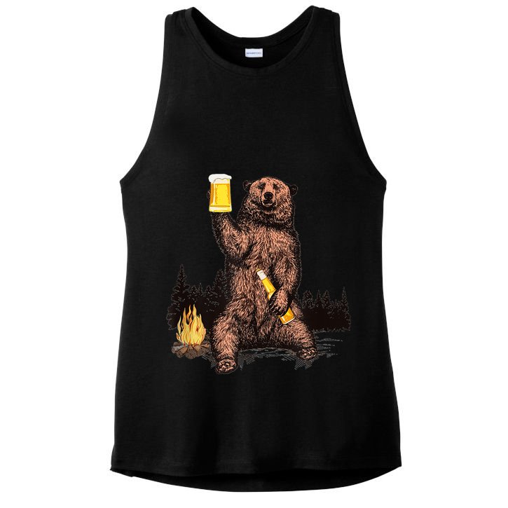 Funny Grizzly Bear Drinking Beer Camp Fire Woods Outdoor Gift Ladies PosiCharge Tri-Blend Wicking Tank