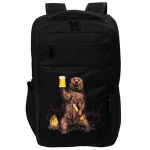 Funny Grizzly Bear Drinking Beer Camp Fire Woods Outdoor Gift Impact Tech Backpack