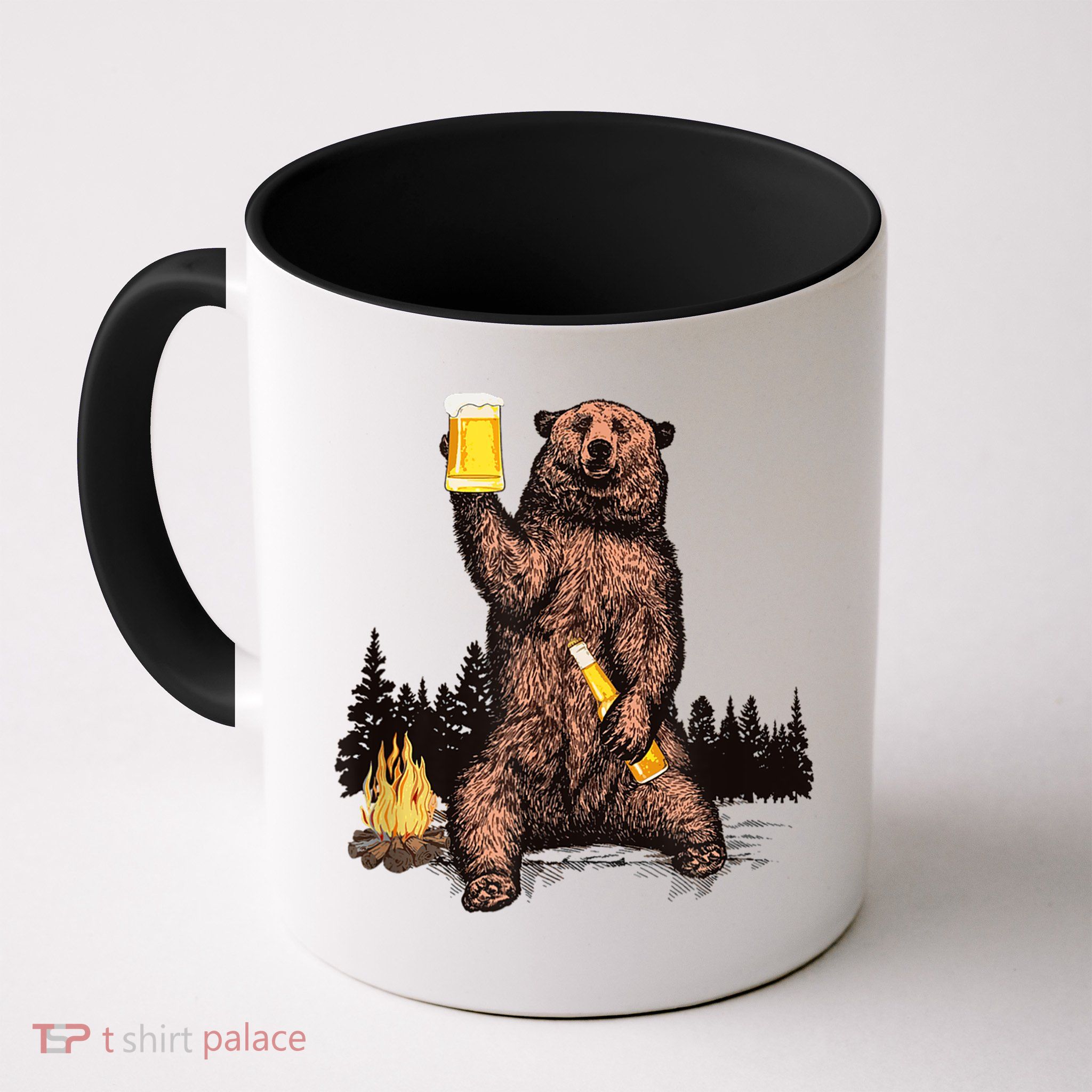Funny Grizzly Bear Drinking Beer Camp Fire Woods Outdoor Gift Mug