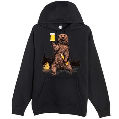 Funny Grizzly Bear Drinking Beer Camp Fire Woods Outdoor Gift Premium Pullover Hoodie