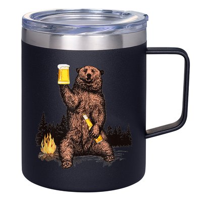 Funny Grizzly Bear Drinking Beer Camp Fire Woods Outdoor Gift 12oz Stainless Steel Coffee Mug