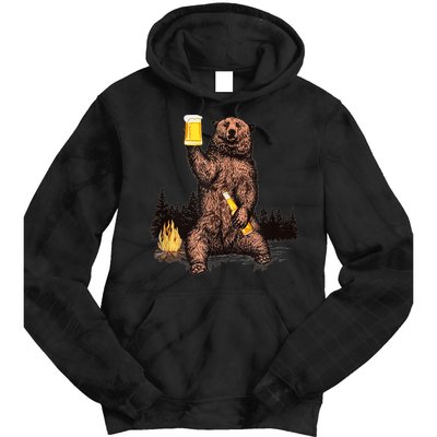 Funny Grizzly Bear Drinking Beer Camp Fire Woods Outdoor Gift Tie Dye Hoodie