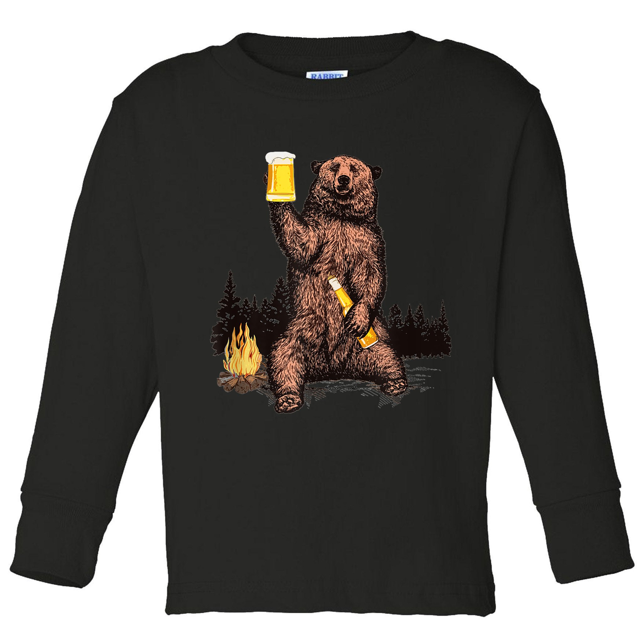 Funny Grizzly Bear Drinking Beer Camp Fire Woods Outdoor Gift Toddler Long Sleeve Shirt