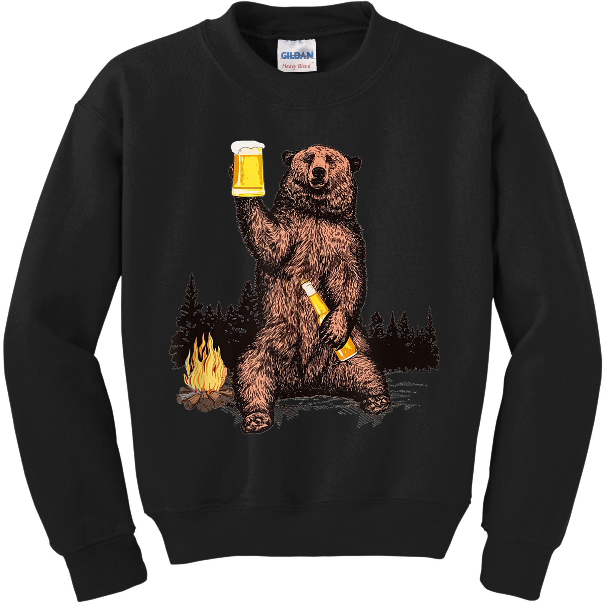 Funny Grizzly Bear Drinking Beer Camp Fire Woods Outdoor Gift Kids Sweatshirt