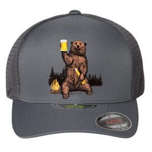 Funny Grizzly Bear Drinking Beer Camp Fire Woods Outdoor Gift Flexfit Unipanel Trucker Cap