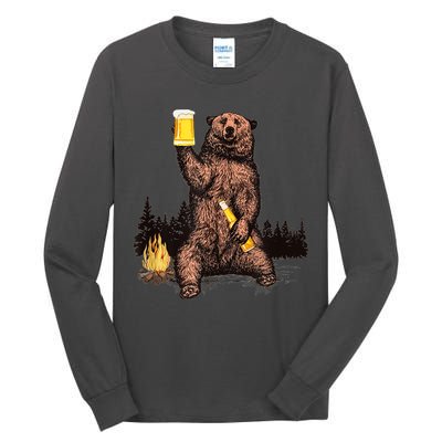 Funny Grizzly Bear Drinking Beer Camp Fire Woods Outdoor Gift Tall Long Sleeve T-Shirt