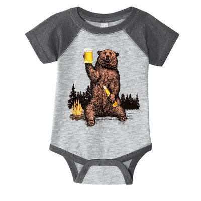 Funny Grizzly Bear Drinking Beer Camp Fire Woods Outdoor Gift Infant Baby Jersey Bodysuit