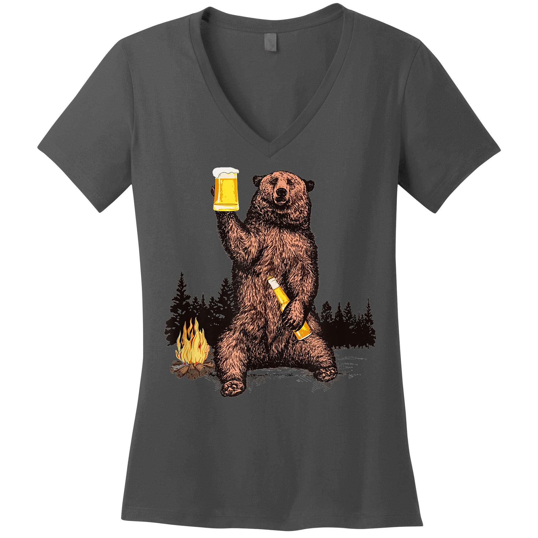 Funny Grizzly Bear Drinking Beer Camp Fire Woods Outdoor Gift Women's V-Neck T-Shirt