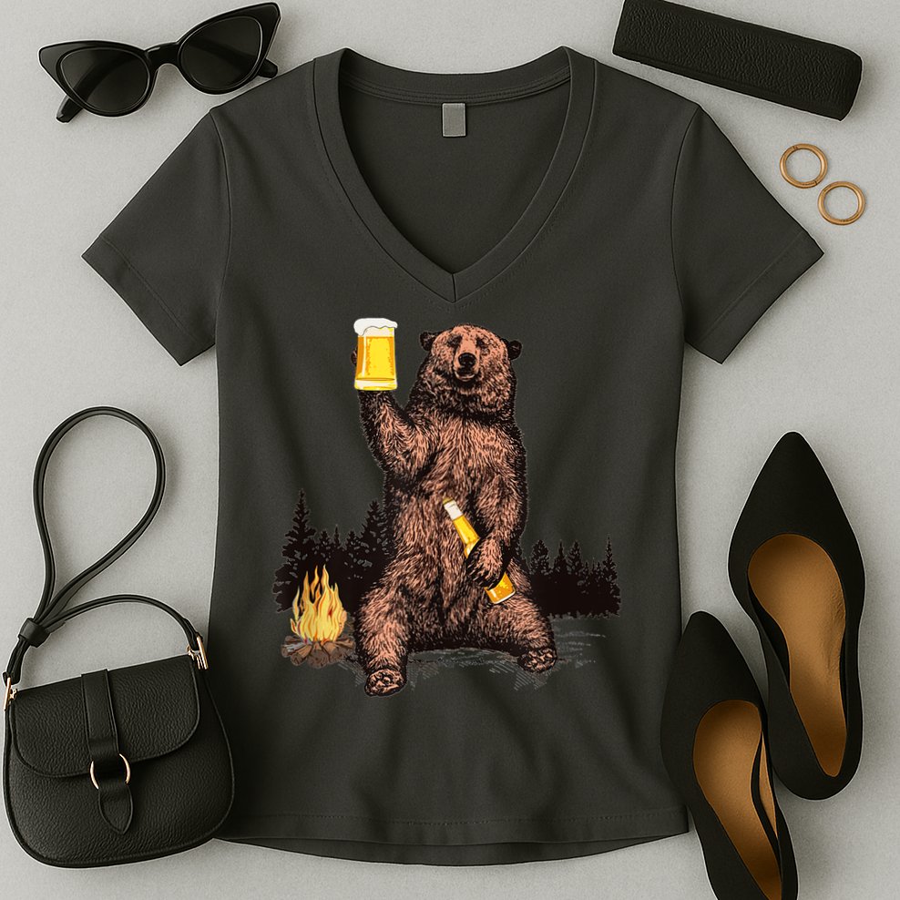 Funny Grizzly Bear Drinking Beer Camp Fire Woods Outdoor Gift Women's V-Neck T-Shirt