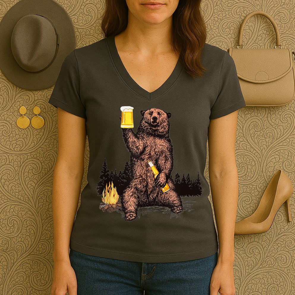 Funny Grizzly Bear Drinking Beer Camp Fire Woods Outdoor Gift Women's V-Neck T-Shirt