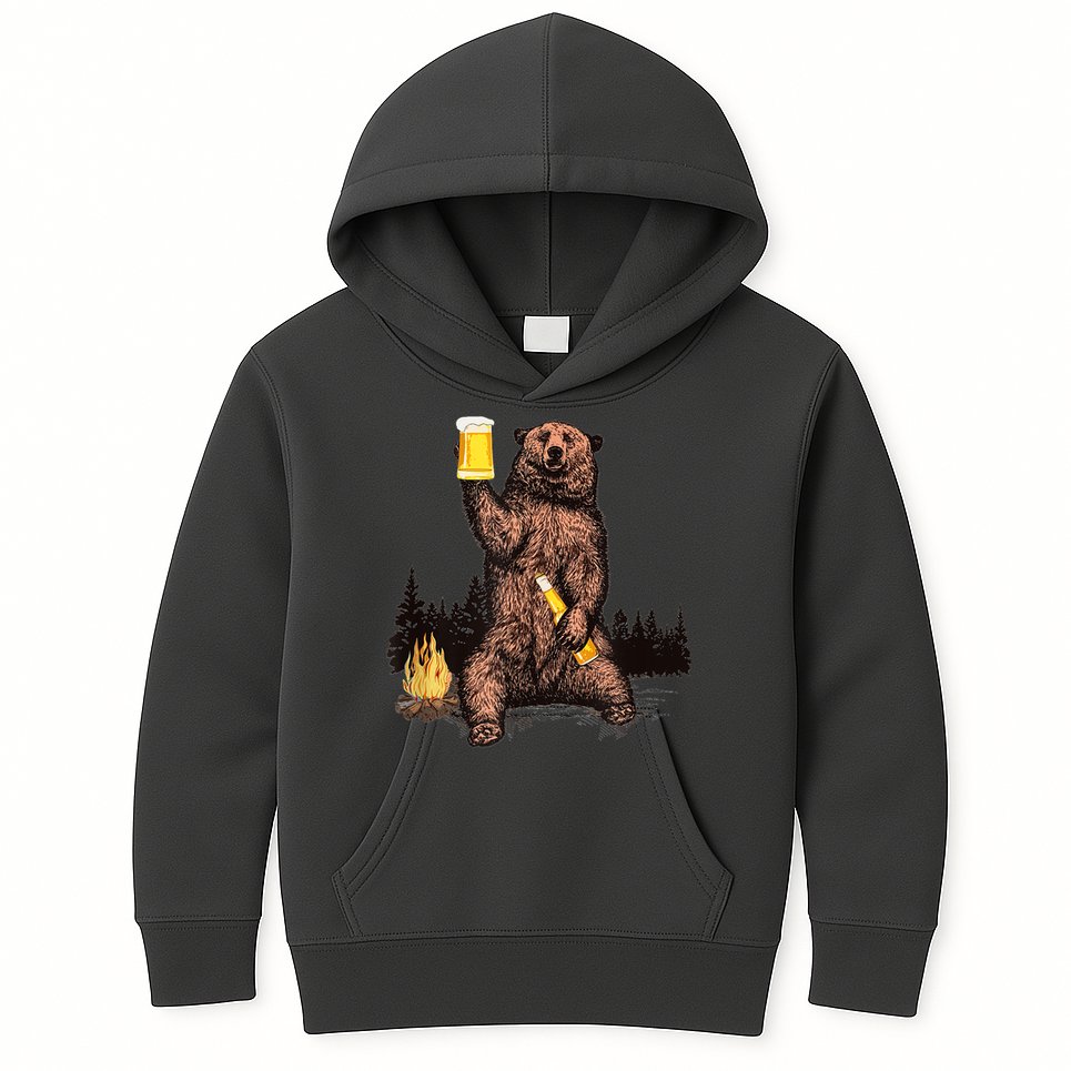 Funny Grizzly Bear Drinking Beer Camp Fire Woods Outdoor Gift Kids Hoodie