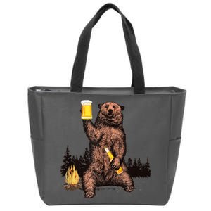 Funny Grizzly Bear Drinking Beer Camp Fire Woods Outdoor Gift Zip Tote Bag