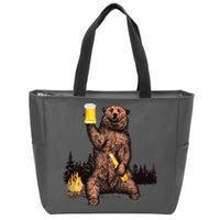 Funny Grizzly Bear Drinking Beer Camp Fire Woods Outdoor Gift Zip Tote Bag