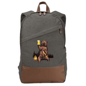 Funny Grizzly Bear Drinking Beer Camp Fire Woods Outdoor Gift Cotton Canvas Backpack