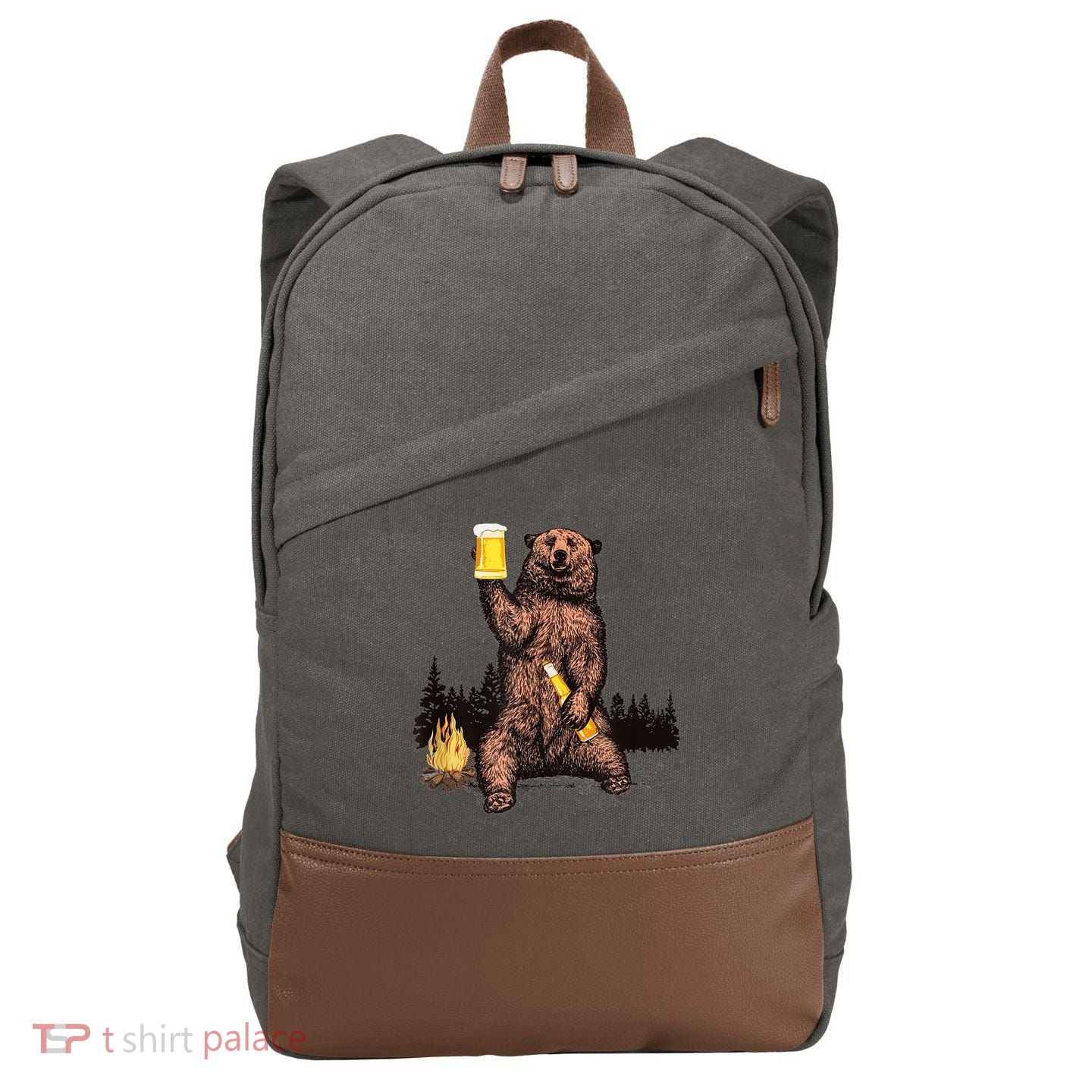 Funny Grizzly Bear Drinking Beer Camp Fire Woods Outdoor Gift Cotton Canvas Backpack