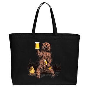 Funny Grizzly Bear Drinking Beer Camp Fire Woods Outdoor Gift Cotton Canvas Jumbo Tote