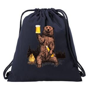 Funny Grizzly Bear Drinking Beer Camp Fire Woods Outdoor Gift Drawstring Bag