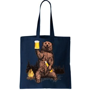 Funny Grizzly Bear Drinking Beer Camp Fire Woods Outdoor Gift Tote Bag