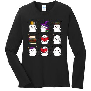 Funny Ghost Book Reading Halloween Design For Book Lovers & Teachers Ladies Long Sleeve Shirt