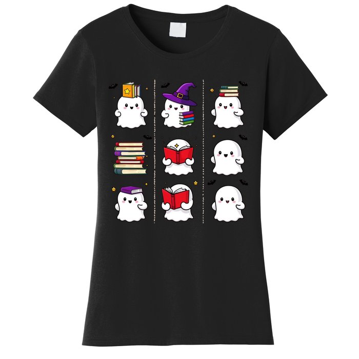 Funny Ghost Book Reading Halloween Design For Book Lovers & Teachers Women's T-Shirt